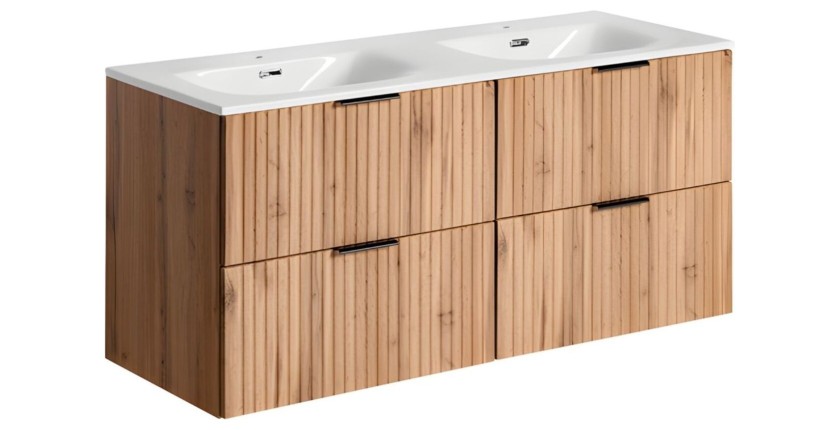 Ensemble de salle de bain NOXERA 120 cm – Chêne wotan – Meuble sous vasque double vasque encastrée
