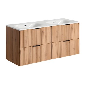 Ensemble de salle de bain NOXERA 120 cm – Chêne wotan – Meuble sous vasque double vasque encastrée