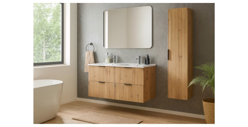 Ensemble de salle de bain NOXERA 120 cm – Chêne wotan – Meuble sous vasque double vasque encastrée