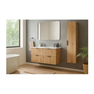 Ensemble de salle de bain NOXERA 120 cm – Chêne wotan – Meuble sous vasque double vasque encastrée