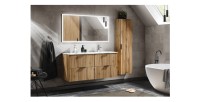 Ensemble de salle de bain NOXERA 120 cm – Chêne wotan – Double vasque, colonne suspendue et miroir LED
