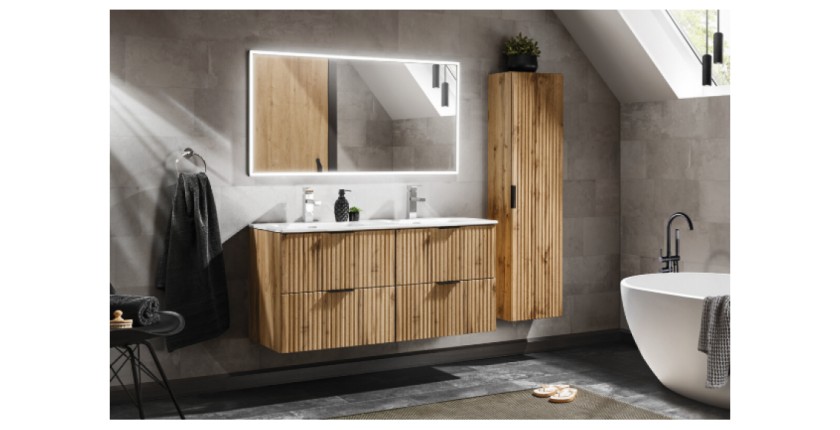 Ensemble de salle de bain NOXERA 120 cm – Chêne wotan – Double vasque, colonne suspendue et miroir LED