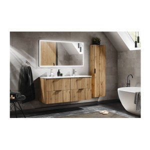 Ensemble de salle de bain NOXERA 120 cm – Chêne wotan – Double vasque, colonne suspendue et miroir LED