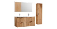 Ensemble de salle de bain NOXERA 120 cm – Chêne wotan – Double vasque, colonne suspendue et miroir LED