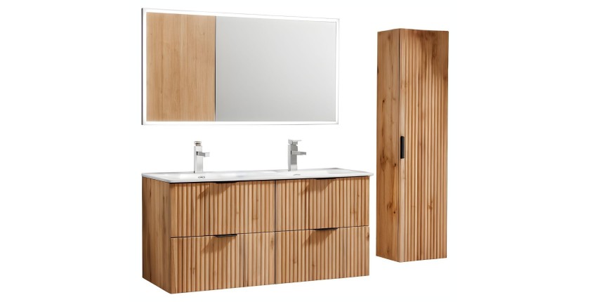 Ensemble de salle de bain NOXERA 120 cm – Chêne wotan – Double vasque, colonne suspendue et miroir LED
