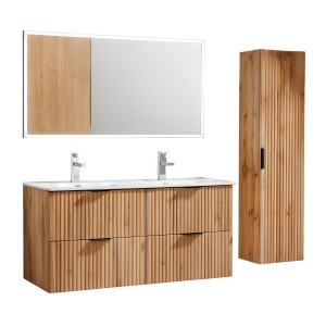 Ensemble de salle de bain NOXERA 120 cm – Chêne wotan – Double vasque, colonne suspendue et miroir LED