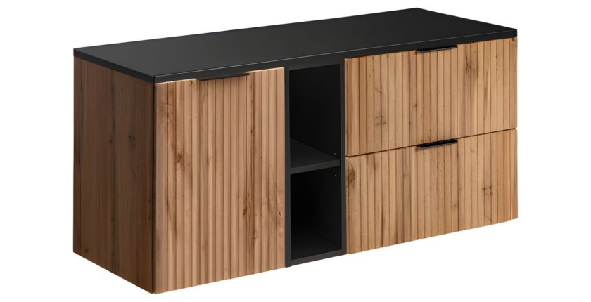 Ensemble de salle de bain NOXERA 120 cm – Chêne wotan et noir mat – Plan vasque avec panier à linge et niches