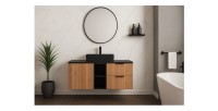 Ensemble de salle de bain NOXERA 120 cm – Chêne wotan et noir mat – Plan vasque avec panier à linge et niches
