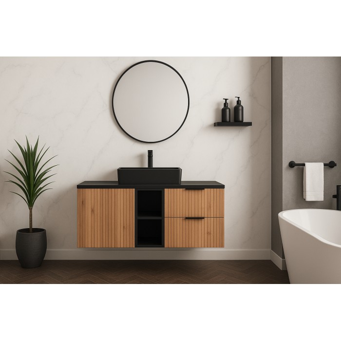 Ensemble de salle de bain NOXERA 120 cm en chêne wotan et noir mat mis en situation