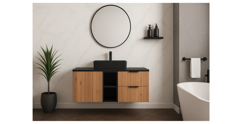 Ensemble de salle de bain NOXERA 120 cm en chêne wotan et noir mat mis en situation