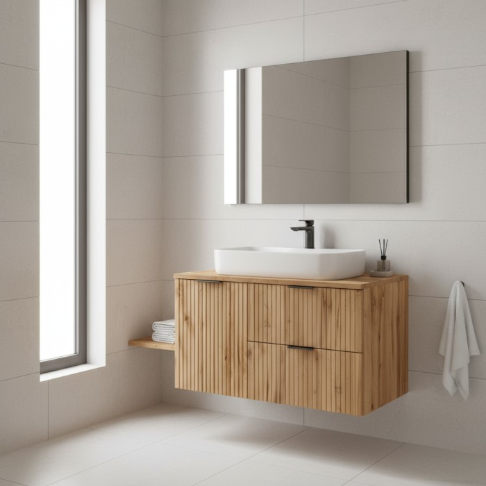Ensemble de salle de bain NOXERA 100 cm en chêne wotan mis en situation