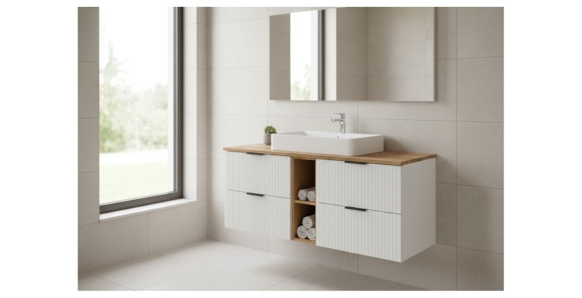 Ensemble de salle de bain NOXERA 140 cm blanc et chêne mis en situation
