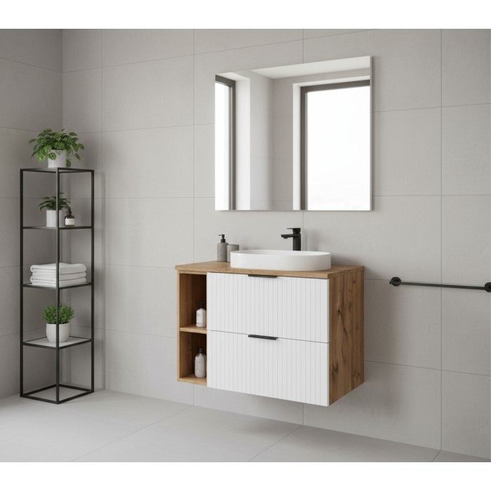 Ensemble de salle de bain NOXERA 80 cm avec plan vasque blanc mat et chêne mis en situation