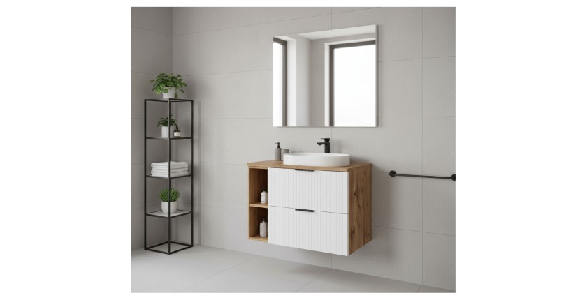 Ensemble de salle de bain NOXERA 80 cm avec plan vasque blanc mat et chêne mis en situation