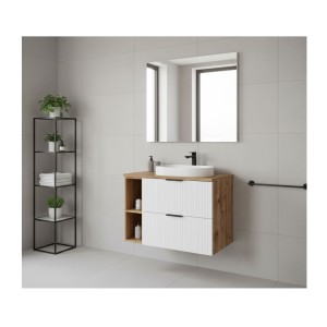 Ensemble de salle de bain NOXERA 80 cm avec plan vasque blanc mat et chêne mis en situation