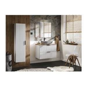 Ensemble de salle de bain NOXERA 80 cm – Meuble sous vasque suspendu blanc mat et chêne wotan avec vasque imitation marbre, miro