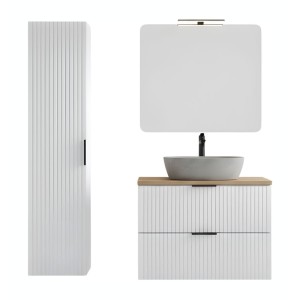 Ensemble de salle de bain NOXERA 80 cm – Meuble sous vasque suspendu blanc mat et chêne wotan avec vasque imitation marbre, miro