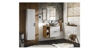Ensemble de salle de bain NOXERA 80 cm – Meuble sous vasque suspendu blanc mat et chêne wotan avec vasque imitation marbre, miro