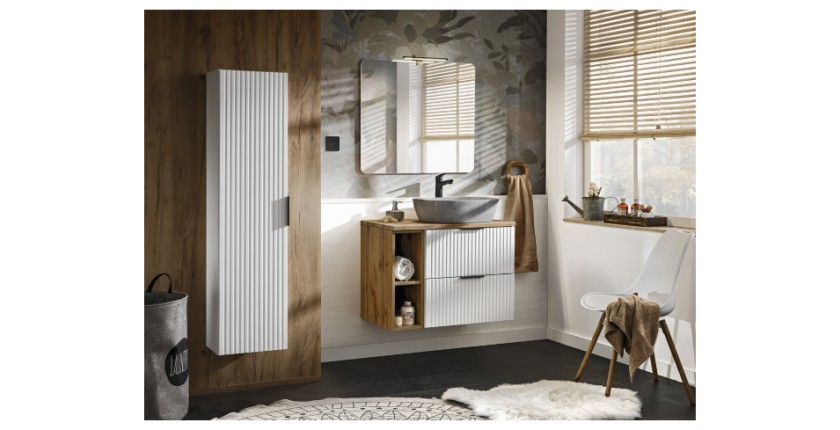Ensemble de salle de bain NOXERA 80 cm meuble sous vasque, miroir, colonne suspendue et vasque mis en situation
