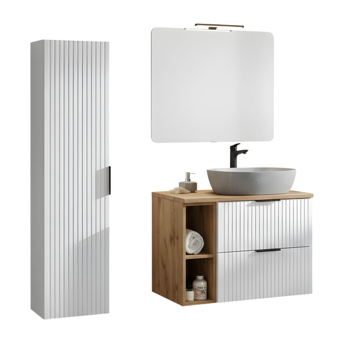 Ensemble de salle de bain NOXERA 80 cm meuble sous vasque, miroir, colonne suspendue et vasque