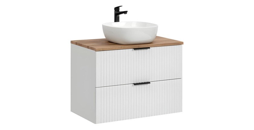 Ensemble de salle de bain NOXERA 80 cm – Meuble sous vasque suspendu blanc mat et chêne wotan avec vasque, plan vasque et 2 nich