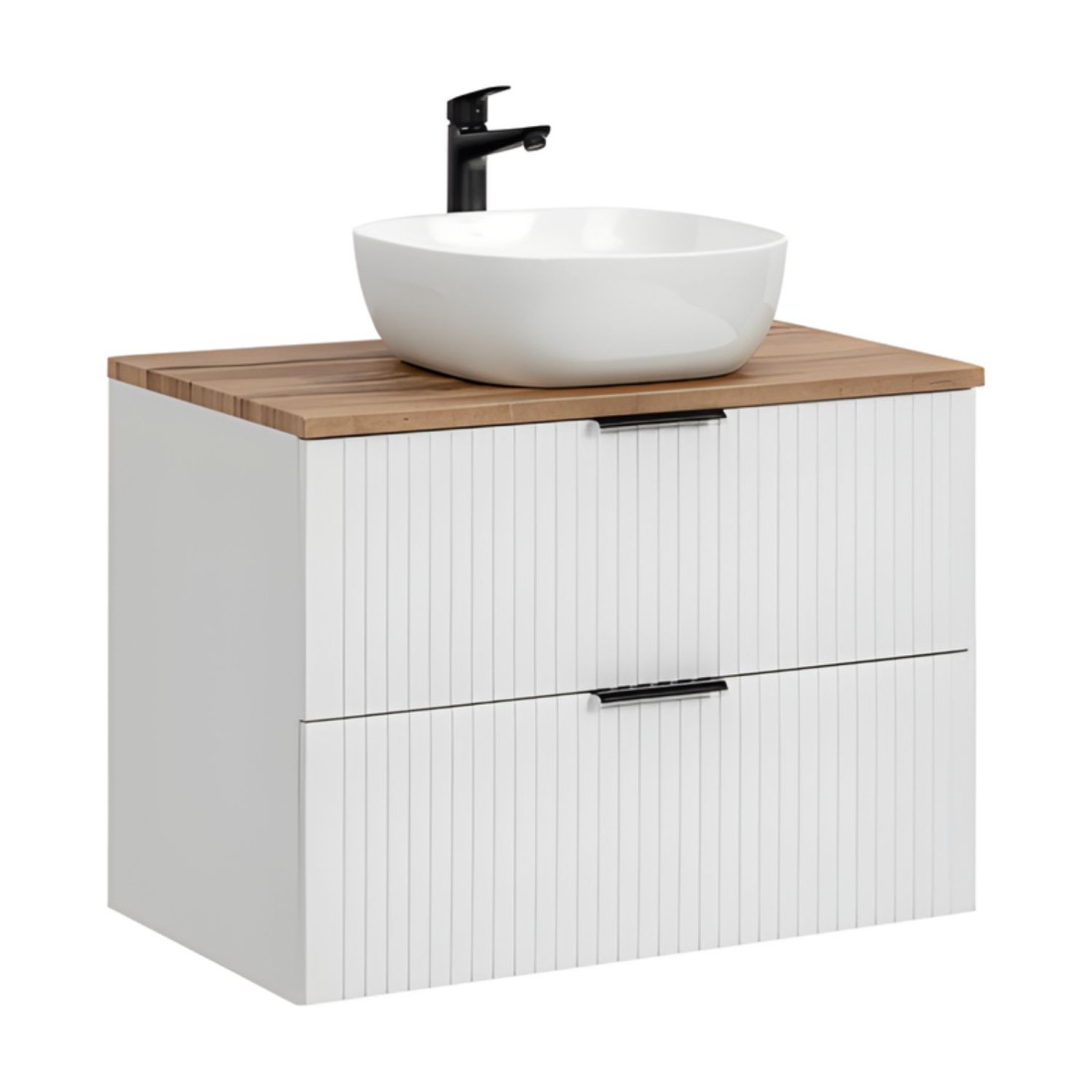 Ensemble de salle de bain NOXERA 80 cm – Meuble sous vasque suspendu blanc mat et chêne wotan avec vasque, plan vasque et 2 nich