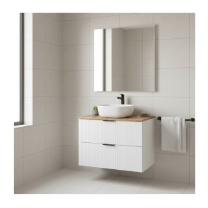 Ensemble de salle de bain NOXERA 80 cm – Meuble sous vasque suspendu blanc mat et chêne wotan avec vasque, plan vasque et 2 nich
