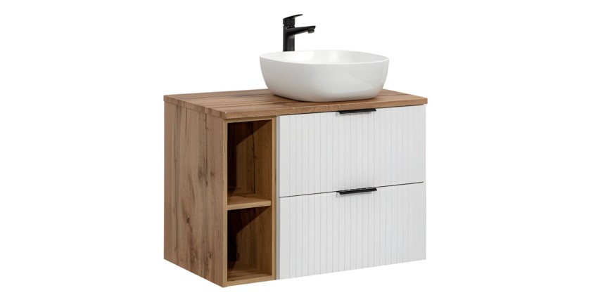 Ensemble de salle de bain NOXERA 80 cm – Meuble sous vasque suspendu blanc mat et chêne wotan avec vasque, plan vasque et 2 nich