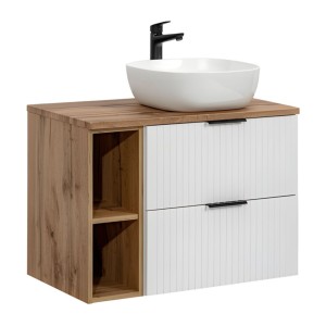 Ensemble de salle de bain NOXERA 80 cm – Meuble sous vasque suspendu blanc mat et chêne wotan avec vasque, plan vasque et 2 nich