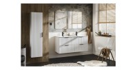 Ensemble de salle de bain NOXERA 120 cm – Meuble sous vasque suspendu blanc alpin avec double vasque encastrée, miroir LED et co