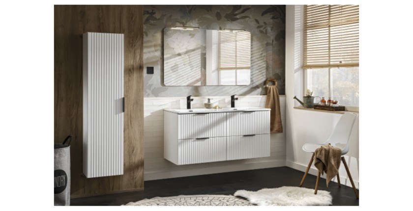 Ensemble de salle de bain NOXERA 120 cm – Meuble sous vasque suspendu blanc alpin avec double vasque encastrée, miroir LED et co