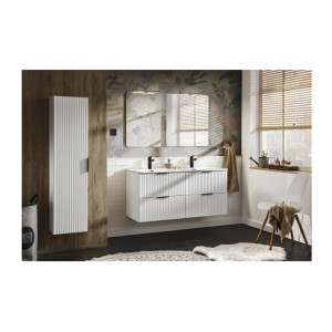 Ensemble de salle de bain NOXERA 120 cm – Meuble sous vasque suspendu blanc alpin avec double vasque encastrée, miroir LED et co