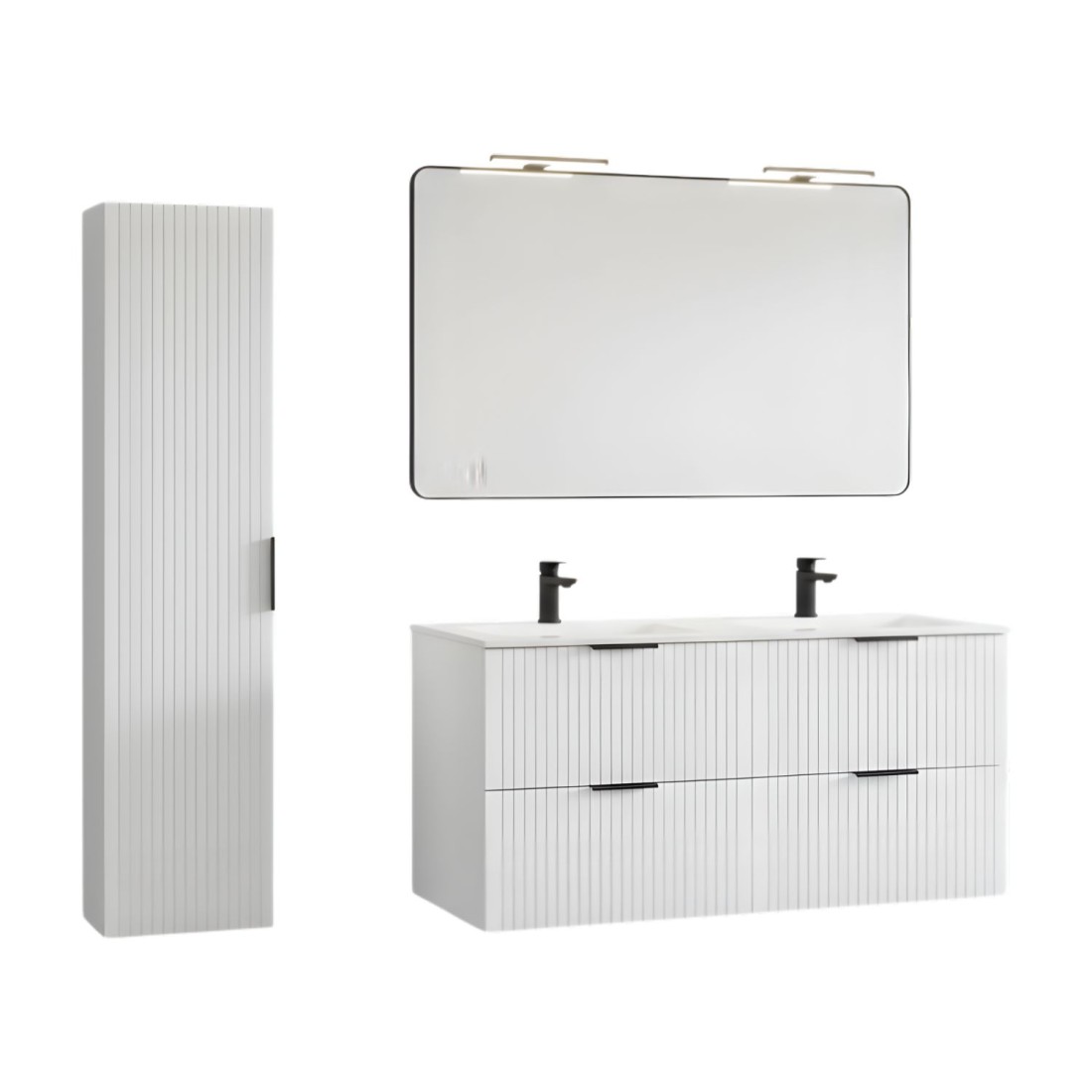 Ensemble de salle de bain NOXERA 120 cm – Meuble sous vasque suspendu blanc alpin avec double vasque encastrée, miroir LED et co