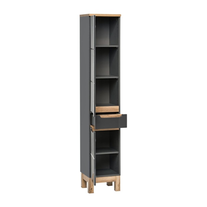 Badezimmersäule ERMANO – Holzfinish und glänzendes Grau mit Schublade und Schränken