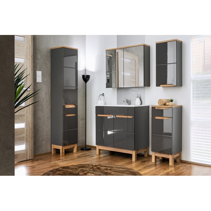 Mobile sottolavabo da bagno ERMANO - Finitura in legno e grigio lucido, 60 cm