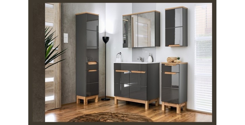 Meuble sous-vasque de salle de bain ERMANO – Finition bois et gris brillant, 60 cm