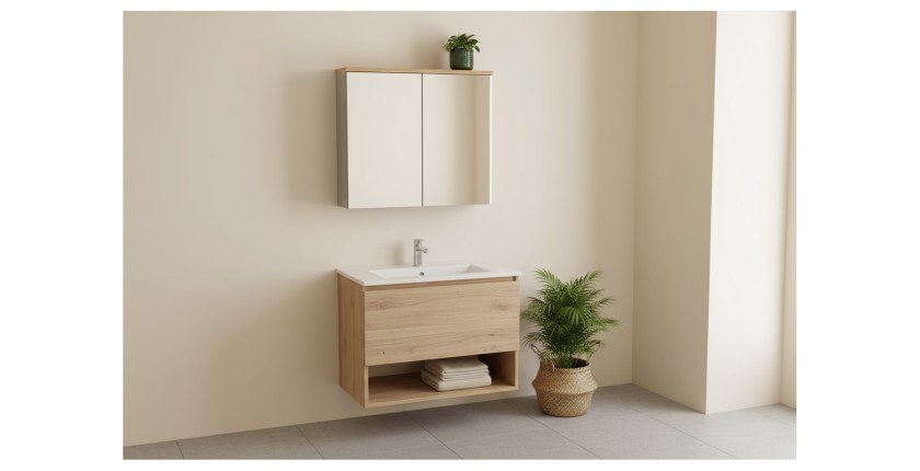 Meuble de rangement suspendu avec miroirs 80cm ERMANO mis en situation