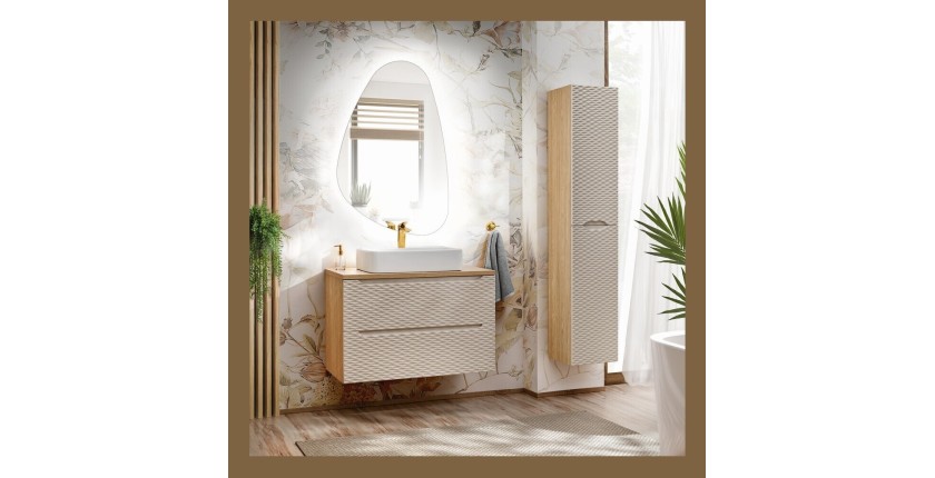 Colonne de salle de bain 2 portes beige et chêne clair YOKA mise en situation