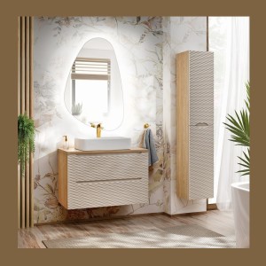 Colonne de salle de bain 2 portes beige et chêne clair YOKA mise en situation