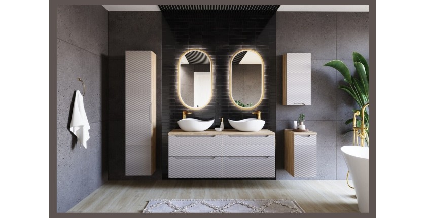 Meuble de rangement beige et chêne clair YOKA mis en situation differemment