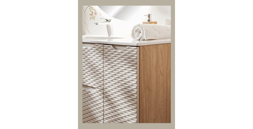 Meuble de rangement beige et chêne clair YOKA vu de près