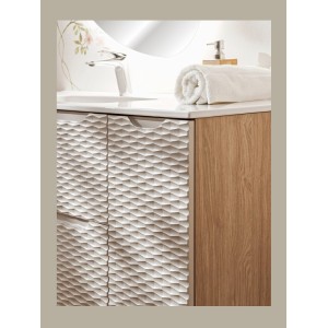 Meuble de rangement beige et chêne clair YOKA vu de près