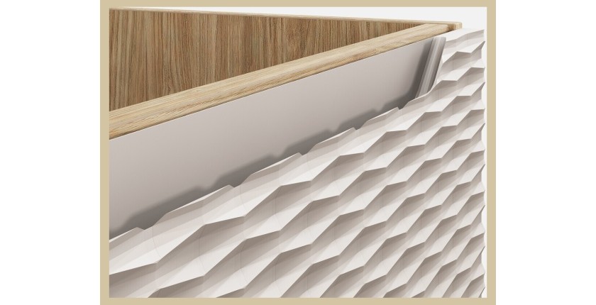 Zoom sur le tiroir du meuble sous vasque beige et chêne clair YOKA 120cm