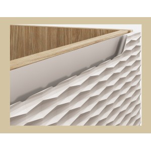 Zoom sur le tiroir du meuble sous vasque beige et chêne clair YOKA 120cm