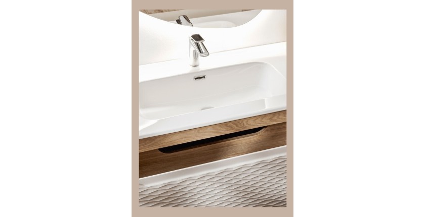 Zoom sur le dessus du meuble sous vasque beige et chêne clair YOKA 120cm