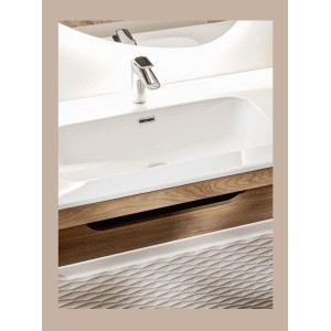 Zoom sur le dessus du meuble sous vasque beige et chêne clair YOKA 120cm