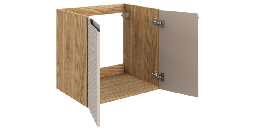 Meuble sous vasque à placards 60cm beige et chêne clair YOKA ouvert