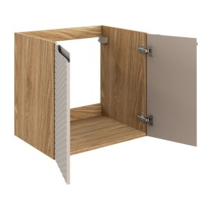 Meuble sous vasque à placards 60cm beige et chêne clair YOKA ouvert