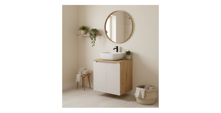 Meuble sous vasque à placards 60cm beige et chêne clair YOKA mis en situation