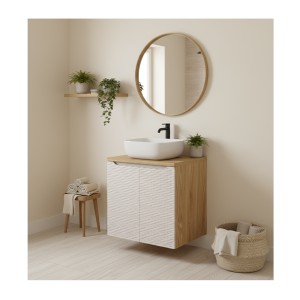 Meuble sous vasque à placards 60cm beige et chêne clair YOKA mis en situation